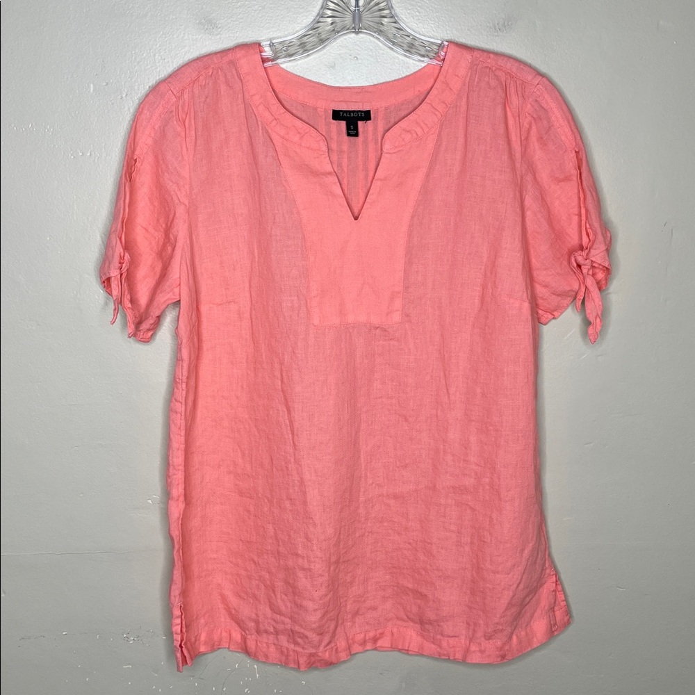 TALBOTS Coral LINEN Top Short Sleeves Coastal Grandma Popover Casual Small